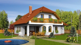 Progetto di casa classica con mansarda e terrazza.